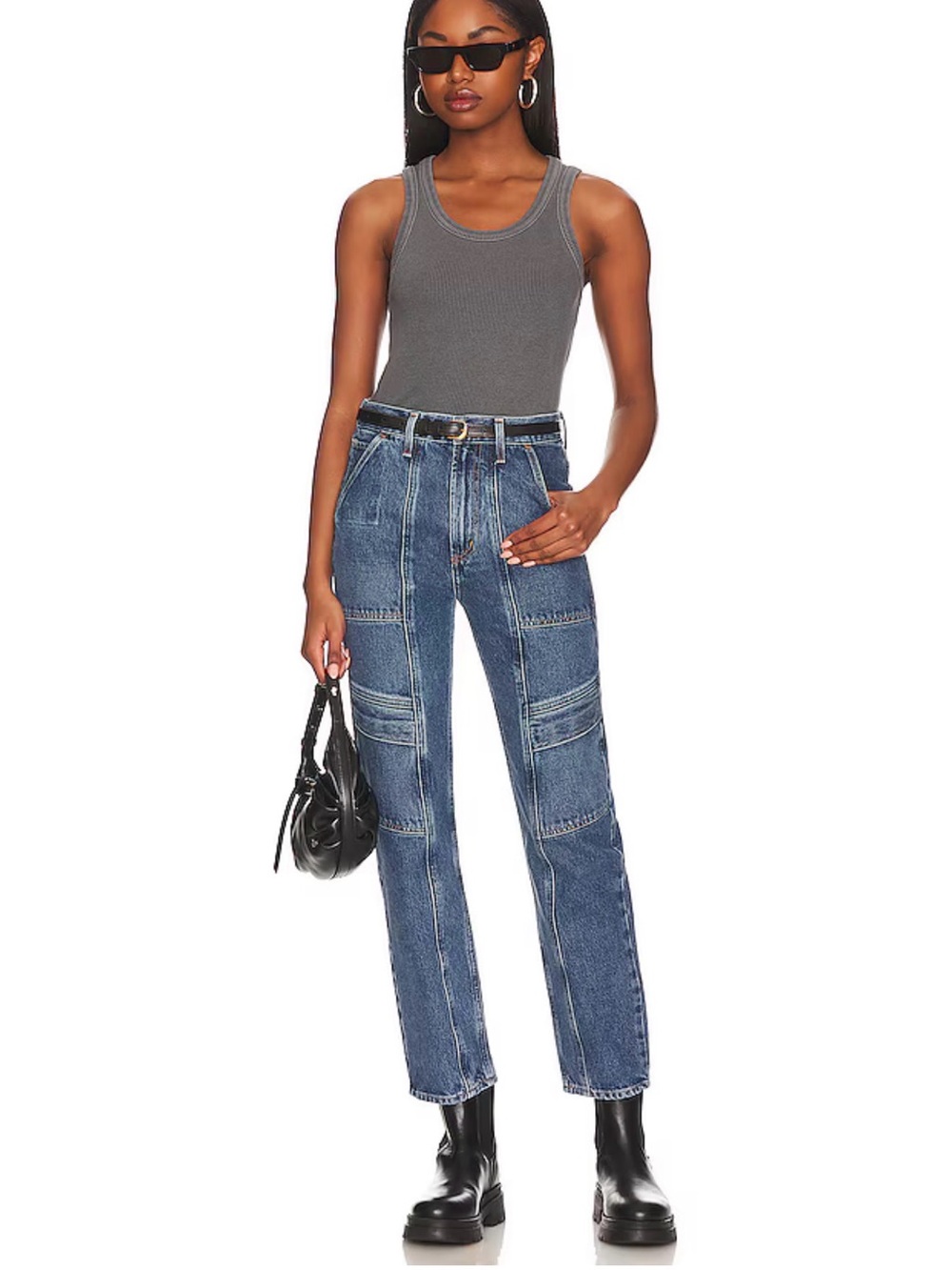 High-Waist Patchwork Straight Jeans - Blue
